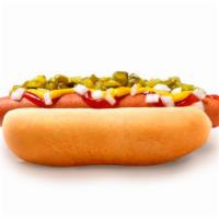 Hot Dog · Frank beef sausage, potato sticks, cabbage, chopped onions, mayonnaise, ketchup, green sauce...