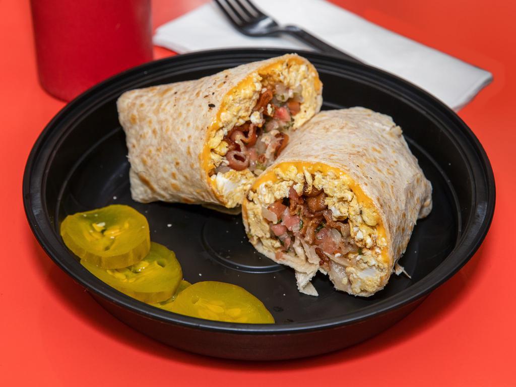 Breakfast Burrito · Bacon, egg and cheese with pico de gallo.