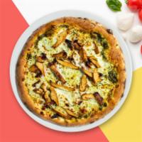 Chicken Pesto Pizza · Pesto, grilled chicken, tomatoes, and cheese baked in an oven