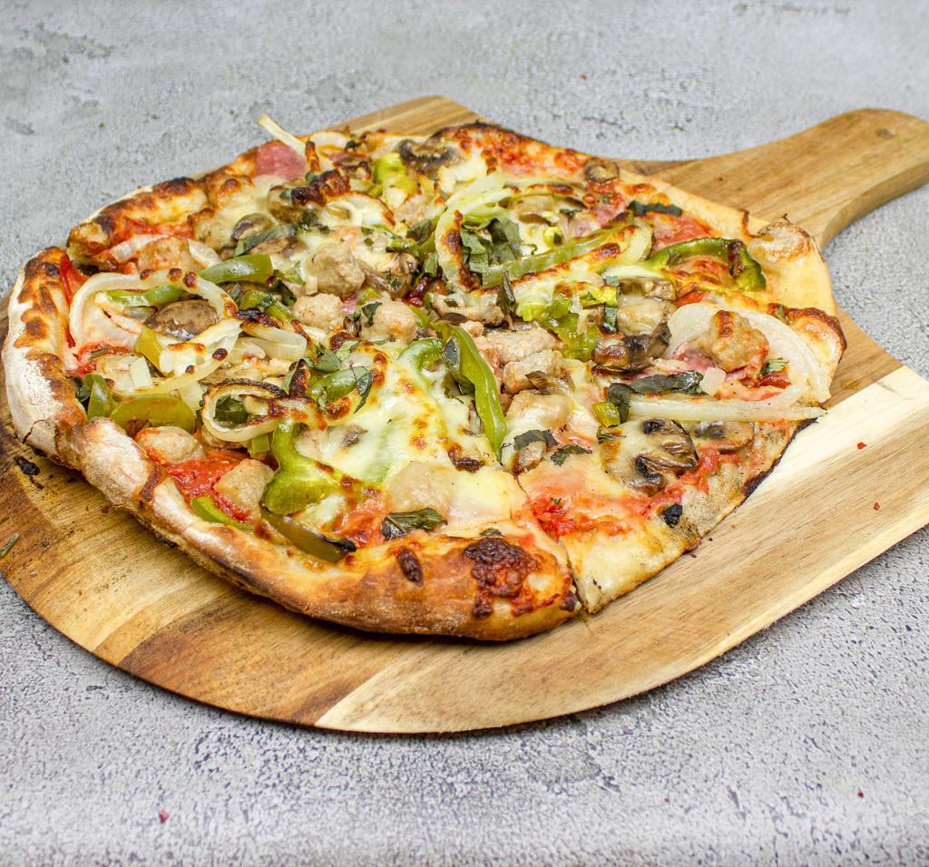 11. Giambotta Pizza · Anchovies upon request. Pepperoni, Regina sausage, salami, mushrooms, peppers, onions and mozzarella cheese.