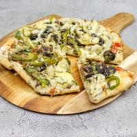 12. Vegetarian Primavera Pizza · White pizza. Mozzarella, mushrooms, peppers, onions, black olives, fresh basil, marinated to...