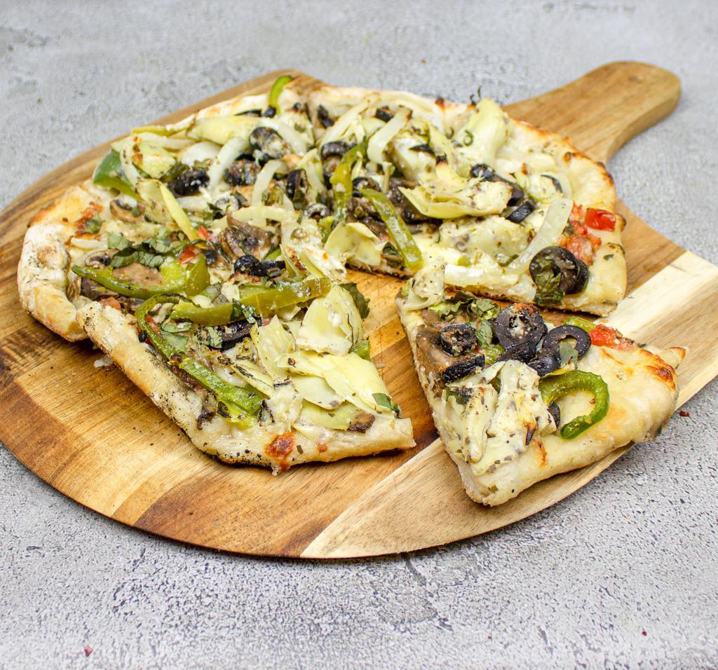12. Vegetarian Primavera Pizza · White pizza. Mozzarella, mushrooms, peppers, onions, black olives, fresh basil, marinated tomatoes and artichoke hearts with our garlic sauce.