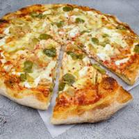 #17. Pollo Regina Pizza · Grilled chicken breast, ricotta, Parmesan, Romano, mozzarella cheese, tomato sauce and roast...