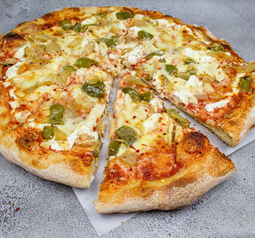 #17. Pollo Regina Pizza · Grilled chicken breast, ricotta, Parmesan, Romano, mozzarella cheese, tomato sauce and roasted onions and peppers.