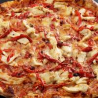 #28. Pollo Pesto Pizza · Our pesto recipe includes walnuts. Pesto sauce, grilled chicken breast, marinated tomatoes, ...