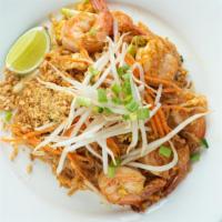 Pad Thai · Thin rice noodles stir fried with egg, bean sprouts, scallion and crushed peanut.