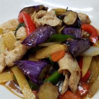 Pad Spicy Eggplant · Stir fried garlic, eggplant, bell pepper, bamboo, onion, basil in spicy sauce.