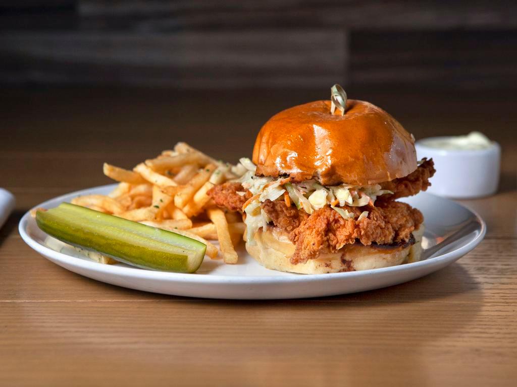 Crispy Chicken Sandwich Lunch · Mary’s chicken, cabbage slaw, house-made pickles.