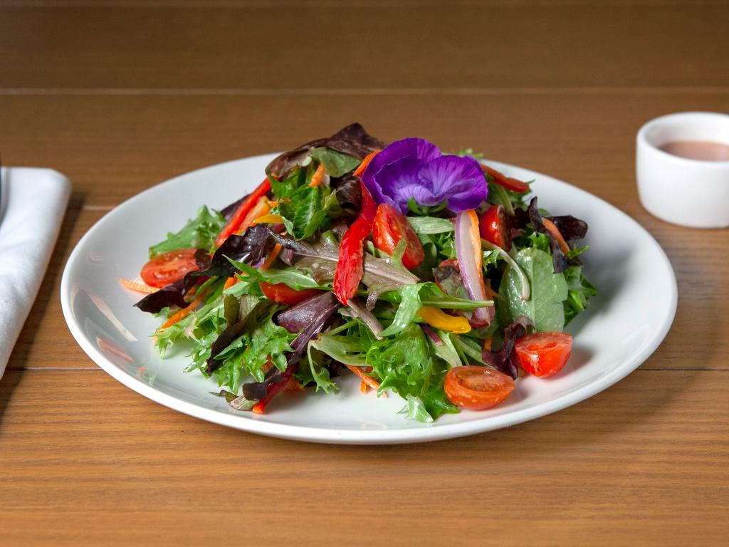 Mixed Field Greens Salad Dinner · Young lettuce, soft herbs, toy box tomatoes, red wine vinaigrette.