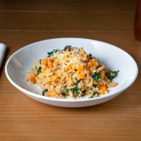 California Brown Rice Risotto Dinner · King oyster mushroom, kale, butternut squash and Parmesan.