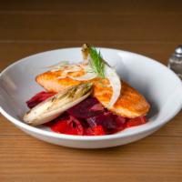 Pan-Seared Salmon Dinner · Roasted beets, fennel, grilled endive, blood orange emulsion. Must try.