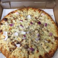 Bacon Chicken Ranch Special Pizza · Ranch, chicken, red onions and bacon. No pizza sauce. 