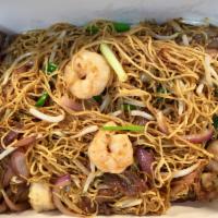 House Combination Fried Egg Noodle · Fried egg noodles with beef, chicken, and shrimp.