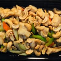 Cashew Chicken · Stir-Fried chicken with celery and carrots topped with roasted cashews.