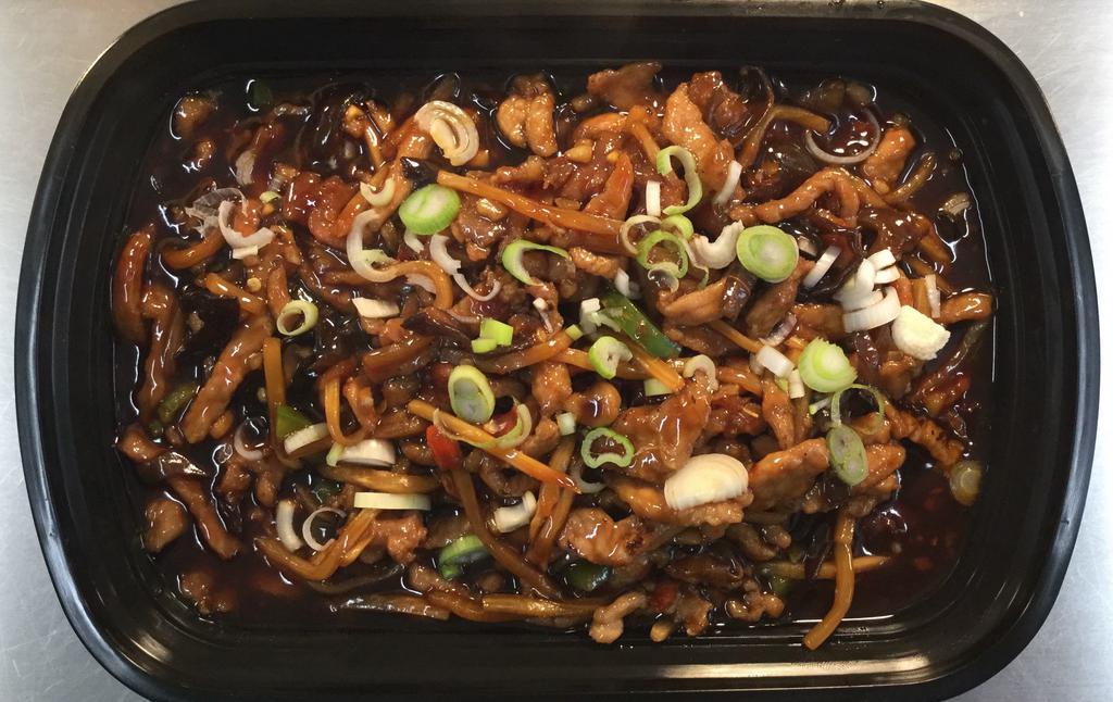 Sauteed Shredded Pork with Garlic Sauce · Tangy, spicy, sweet and sour dish with sautéed shredded pork, wooden ear mushrooms, and bamboo shoots in garlic sauce.