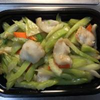 Stir-Fried Fish Fillet w/ Celery · Stir fried grouper fish fillet with celery and carrots in a mild, savory sauce.