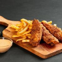 Snack · 3 Chicken tenders, with crispy french fries/onion rings, a side of in-house-made coleslaw, a...