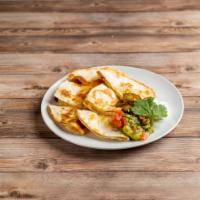 Quesadillas · Crispy flour tortillas with melted chihuahua cheese. Served with lettuce, tomatoes, jalapeno...
