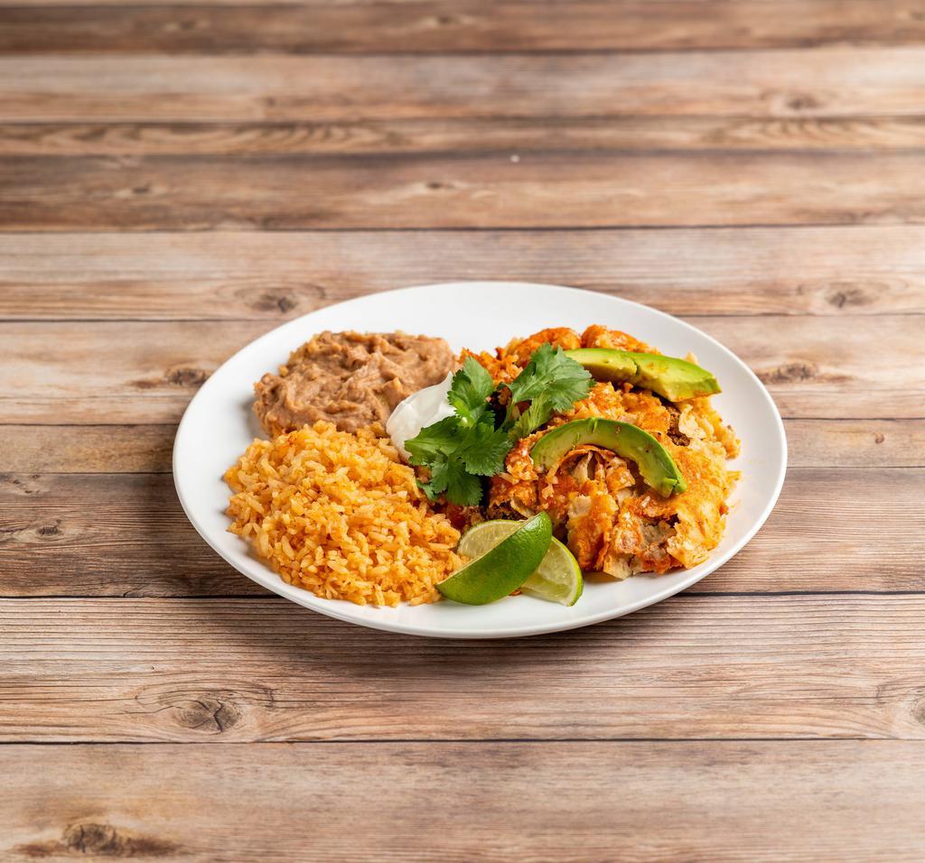 Enchiladas · Your choice of meat folded in corn tortillas with avocado your choice of salsa roja or tomatillo sauce.