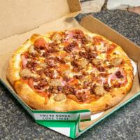 Small All Meat Pizza  · 6 slices. Classic pepperoni, ham, Italian sausage, bacon, our signature sauce and 3.-cheese ...