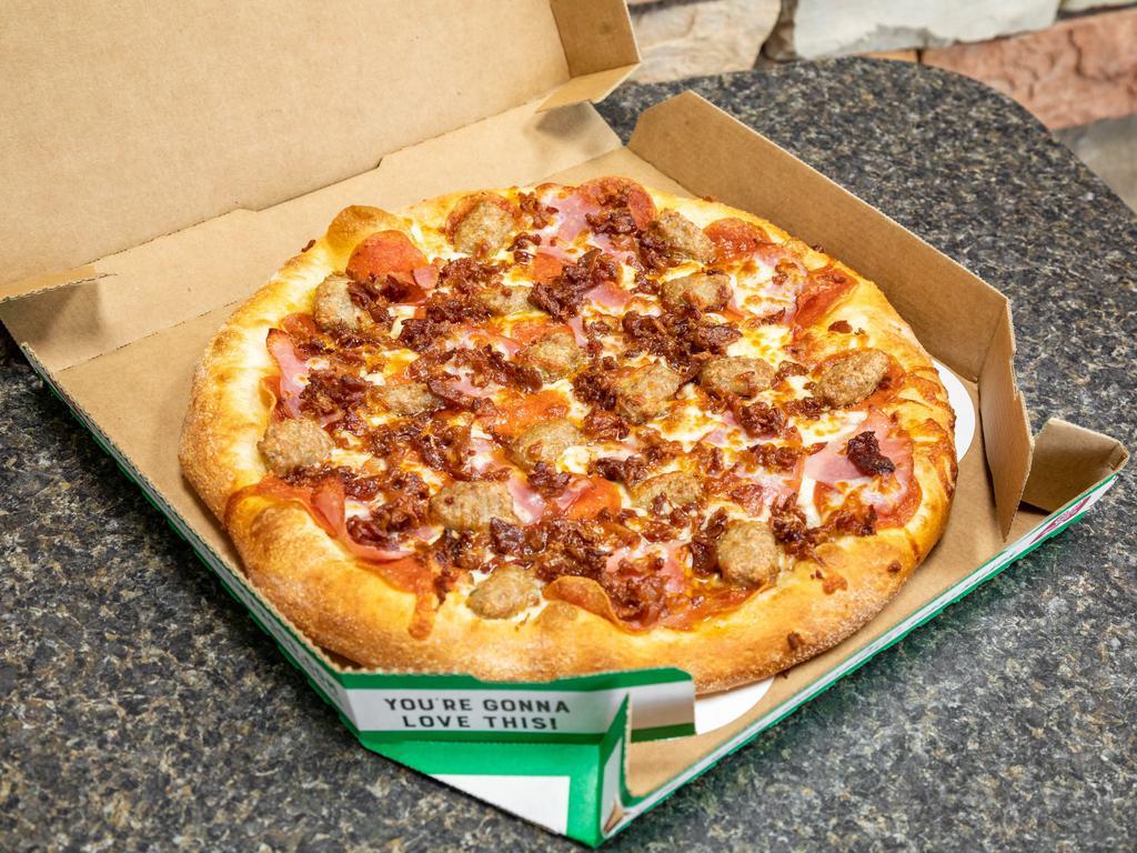 Small All Meat Pizza  · 6 slices. Classic pepperoni, ham, Italian sausage, bacon, our signature sauce and 3.-cheese blend.