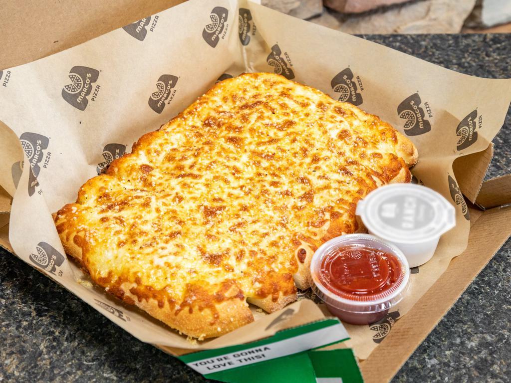 Cheezy Bread ·  Fresh-baked bread strips with our 3-cheese blend and garlic butter, served with a side of pizza sauce and ranch dipping sauce