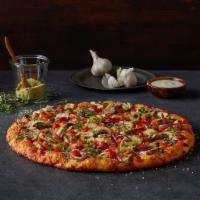 Chicken and Garlic Gourmet Pizza · Chicken, garlic, mushrooms, tomatoes, red and green onions, Italian herb seasoning on creamy...