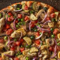 Gourmet Veggie Pizza · Artichoke hearts, zucchini, spinach, mushrooms, tomatoes, garlic, Italian herb seasoning, re...