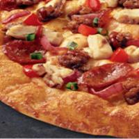Smokehouse Combo Pizza · Primo pepperoni or chicken, Italian sausage, linguica, BBQ drizzle, tomatoes, red and green ...