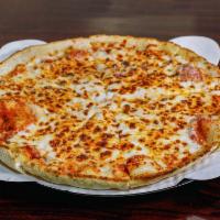 Triple Cheese Pizza · Mozzarella, cheddar, and Parmesan cheeses baked on a golden crust.