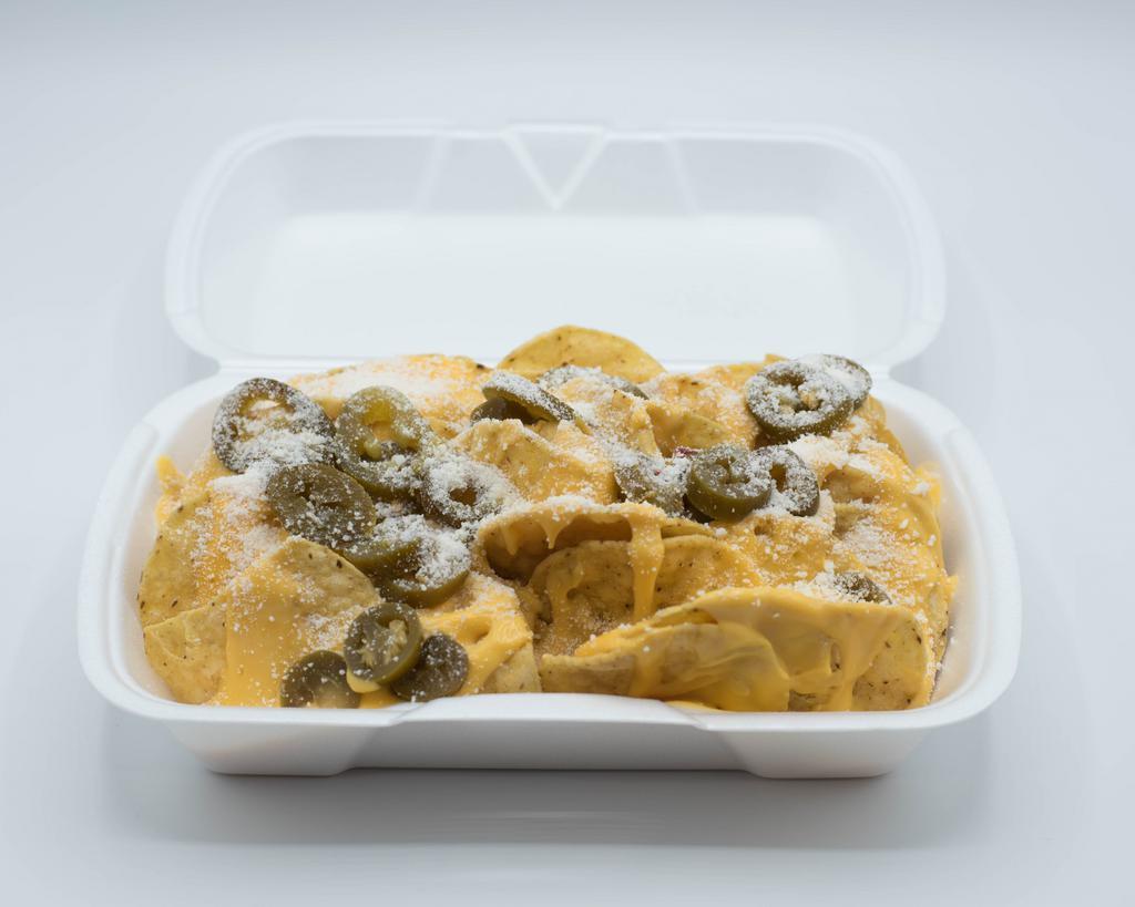 Nachos · Chips, cheese, and jalapenos.