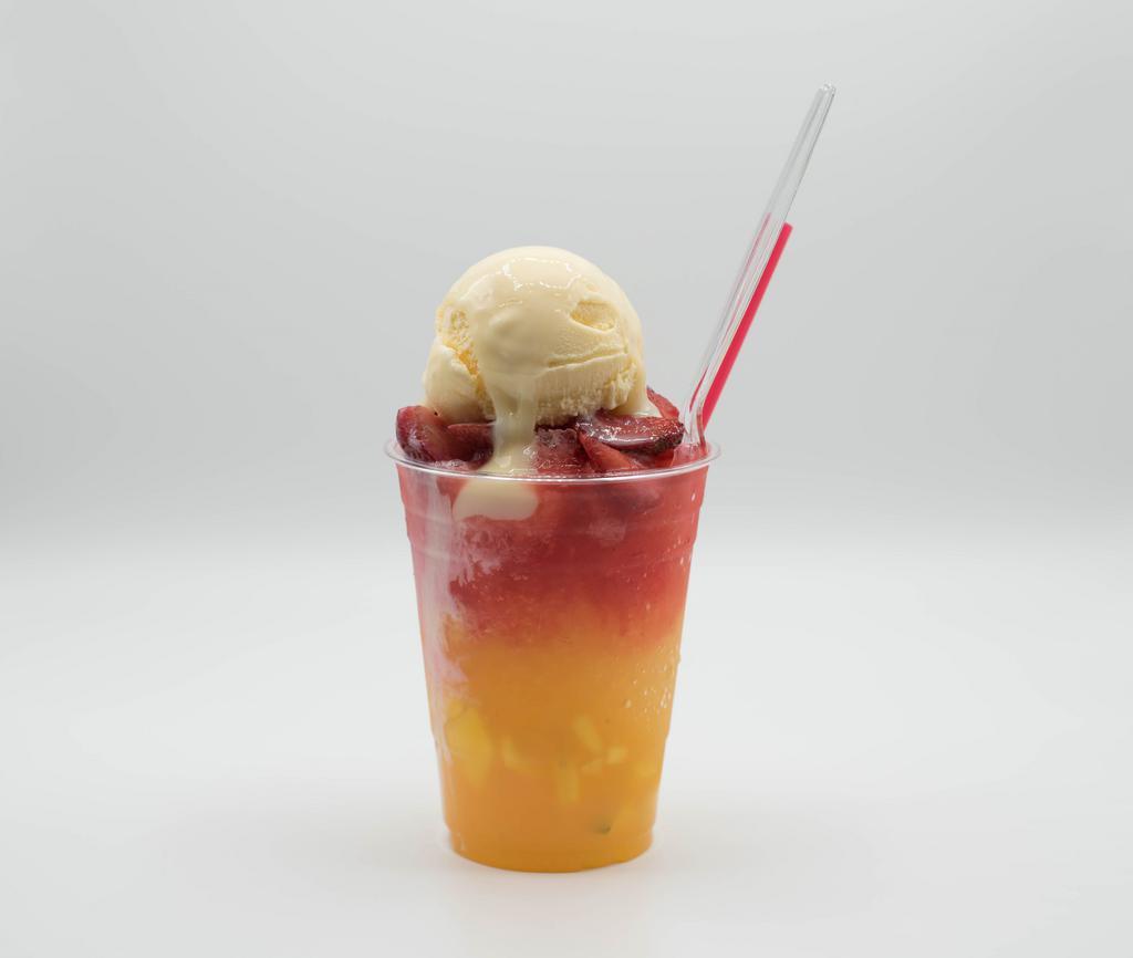 Raspado con Nieve Special · Shave ice, 1 scoop of ice cream, and your choice of 1 or 2fruit juices. Medium 16 oz.