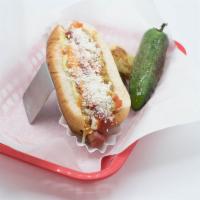 Chico Hotdog · Small. Tomatoes, guacamole, mayonaise, jalapeno sauce, grilled onions, chipotle, and ketchup.