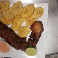 Fried Pork Skin / Chicharon de Cerdo · side choices: French Fries , Fried Plantains, rice beans