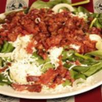 Spinach & Bacon Salad · Spinach, romaine and iceberg lettuce mix, bacon, onions, chopped almonds, feta cheese, cranb...