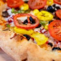 The Garden Pizza · Greek's Italian sauce, select blended cheeses, Spanish onions, green bell peppers, fresh dom...