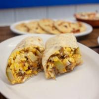 Chorizo Burrito Breakfast · Egg, potato, chorizo, cheese and green chile.