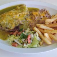 Mexican Burger · Beef patty on a flour tortilla with shredded cheese, shredded lettuce, smothered in green ch...