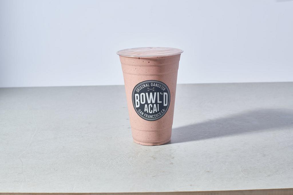 Beast Mode Smoothie · Banana, strawberry, acai, vanilla whey protein, peanut butter, chia seed, maca powder, flaxseed, and house made almond milk. 