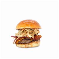 Blazing Saddles Burger · spicy bbq sauce | American cheese | bacon | herby ranch dressing | crispy onions | garlic bu...