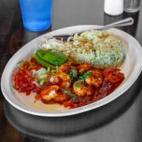 Camarones a la Diabla · Grilled shrimp covered in chipotle base sauce. Garnished with lettuce, avocado, diced tomato...