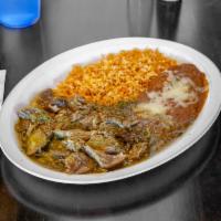 Chile Verde · Steak, grilled chicken, mix or pork carnitas. Salsa verde platter served with beans, rice, a...