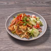 Camarones ala Plancha · Grilled shrimp. Served with rice and salad grilled vegetables and tortillas.