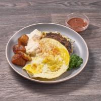 Plato Tipico · Grilled steak served with 2 eggs overhard, rice, beans, fried plantains and avocado.
