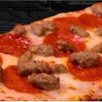 Pepperoni & Sausage Flatbread · Flatbread topped with tomato sauce, a blend of Italian cheeses, and pepperoni, and sausage.
