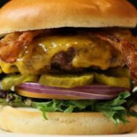The 3-Way Angus Blend (Chuck, Brisket, and Short-Rib) · 8 ounces of of blended Angus chuck, brisket, and short-rib, lettuce, tomato, ＆ served on a b...
