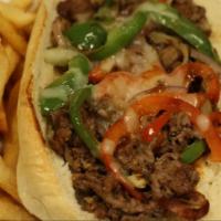 HYH Cheese Steak · Fresh ＆ thinly shaved steak seasoned ＆ mozzarella cheese served on a hoagie roll.