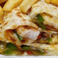 Shrimp Quesadilla · Grilled Shrimp with peppers, onions, and cheddar cheese served with sour cream
