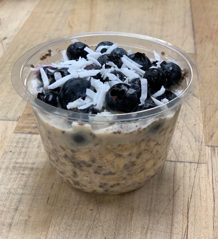 Blueberry Coconut Over Oats · oats, unsweetened almond milk, blueberries, coconut, cinnamon, maple syrup , chia seeds