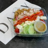 Fattoush Chicken Salad · roasted chicken, baby romaine, cucumber, cherry tomato,  radishes, julienne red peppers, sum...